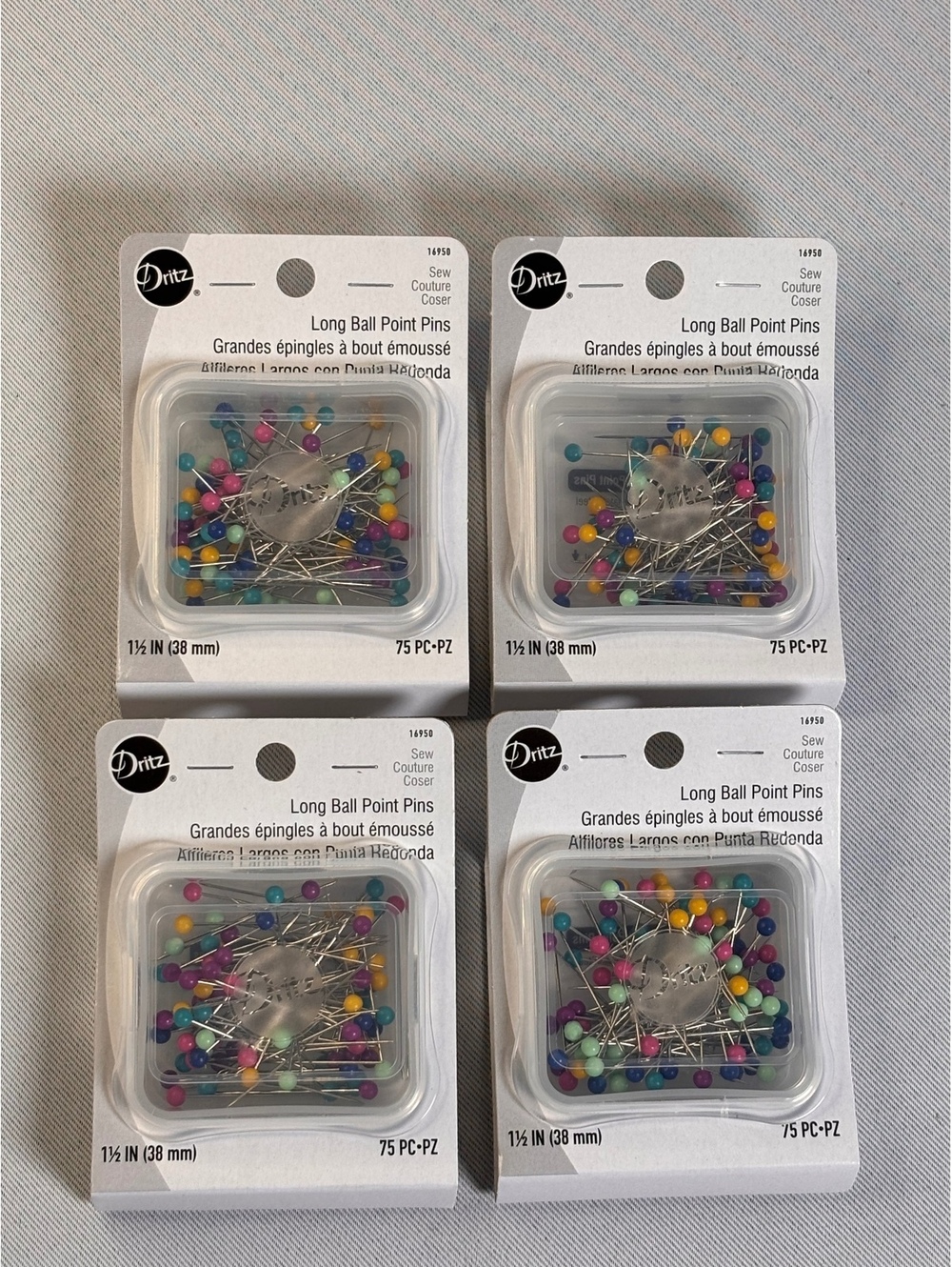 Set of 4 Dritz Long Ball Point Pins 1.5 Inch 75 Count Each Multi-Colored Heads